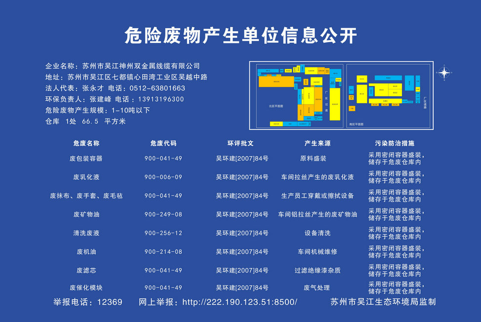 蘇州市吳江神州雙金屬線(xiàn)纜有限公司危險廢物產(chǎn)生單位信息公開(kāi)